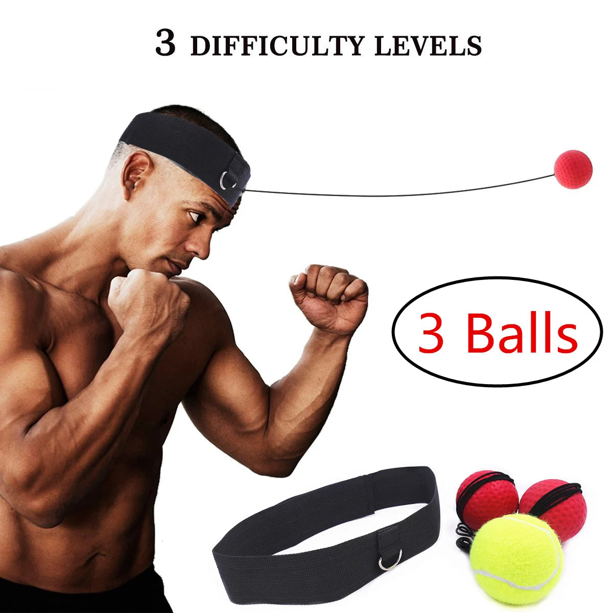 Boxing Reflex Ball Set – 3 Difficulty Levels with Adjustable Headband for Punching Speed, Reaction & Agility Training