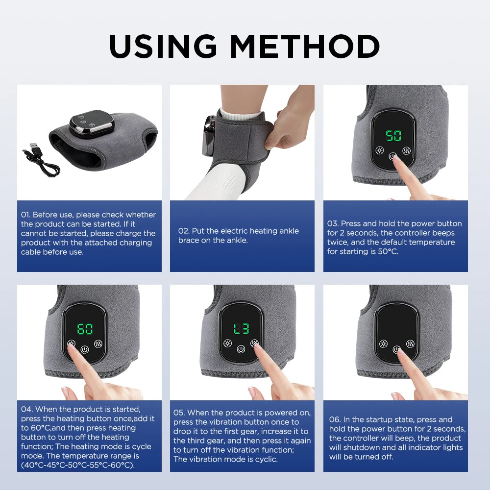 Electric Heating Vibration Foot & Ankle Massager – Rechargeable Adjustable Strap for Muscle Relief