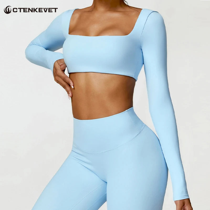 Women’s Long Sleeve Gym & Yoga Top – Breathable, Stretchy, Push-Up Fit - Champions Clubs